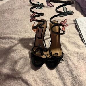 Wild Diva Black Heels with Multicolor Butterfly Straps